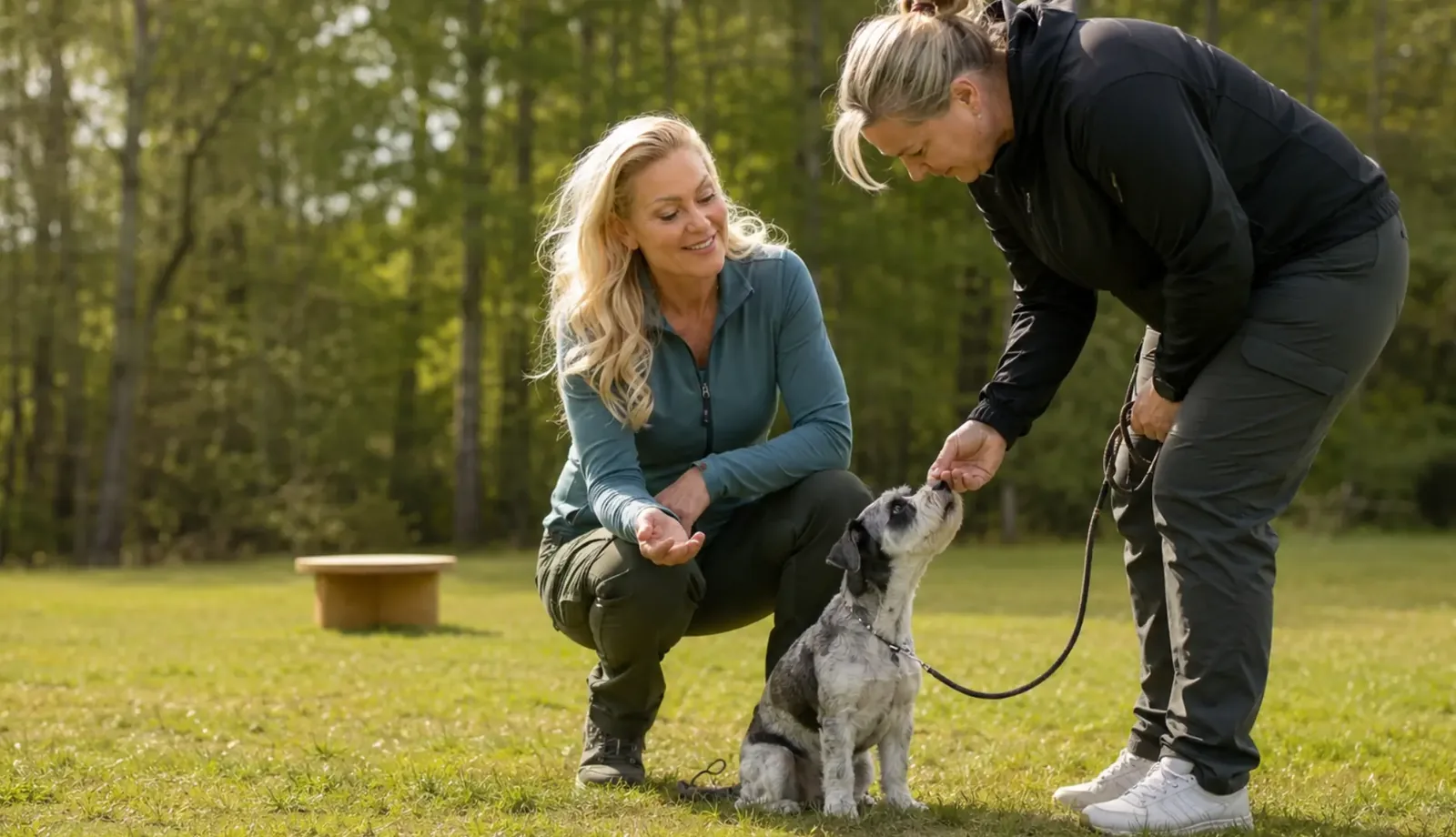 Liss Langstrand tränar en hund ute på ett fält