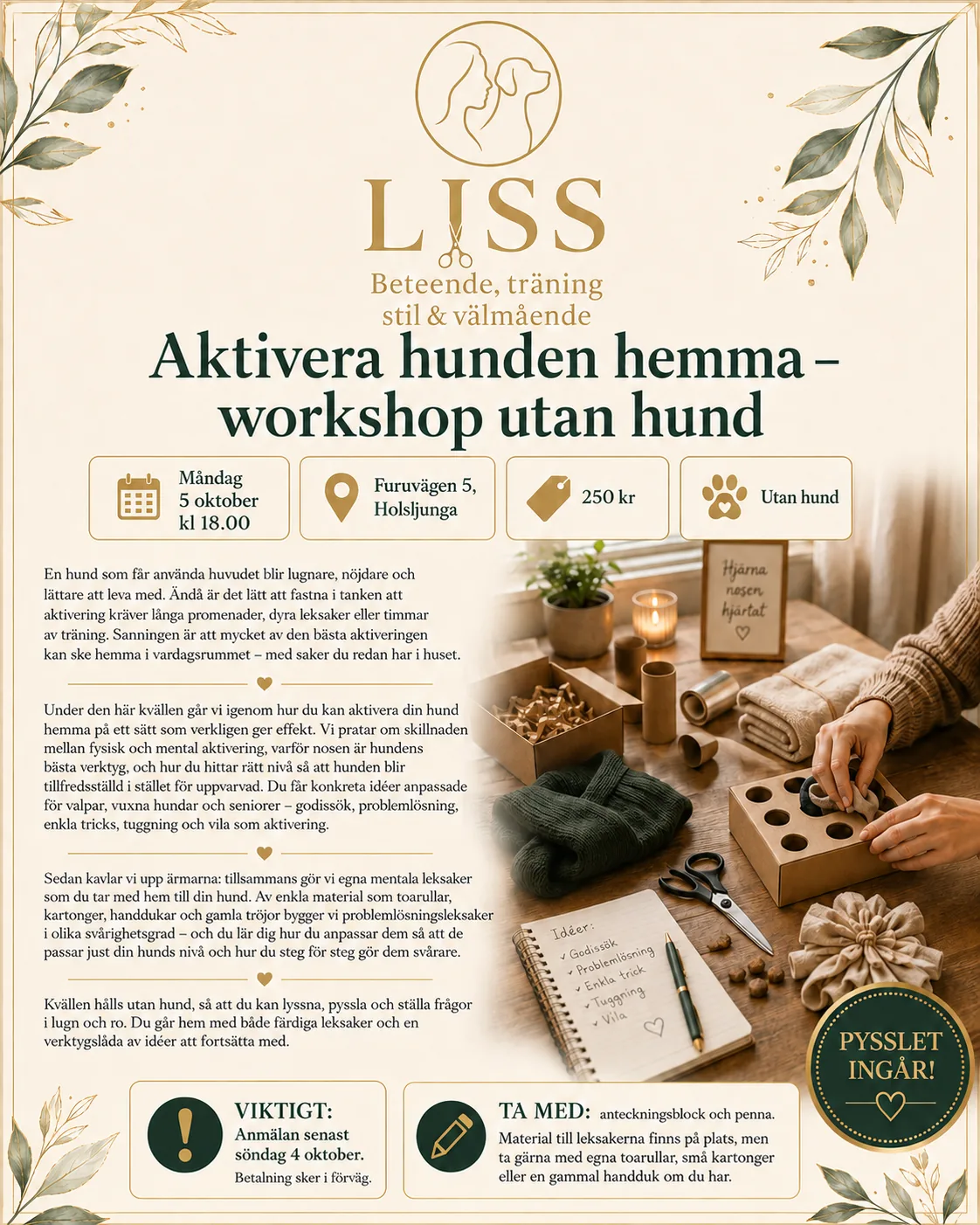 Omslagsbild för kursen Aktivera hunden hemma – workshop utan hund
